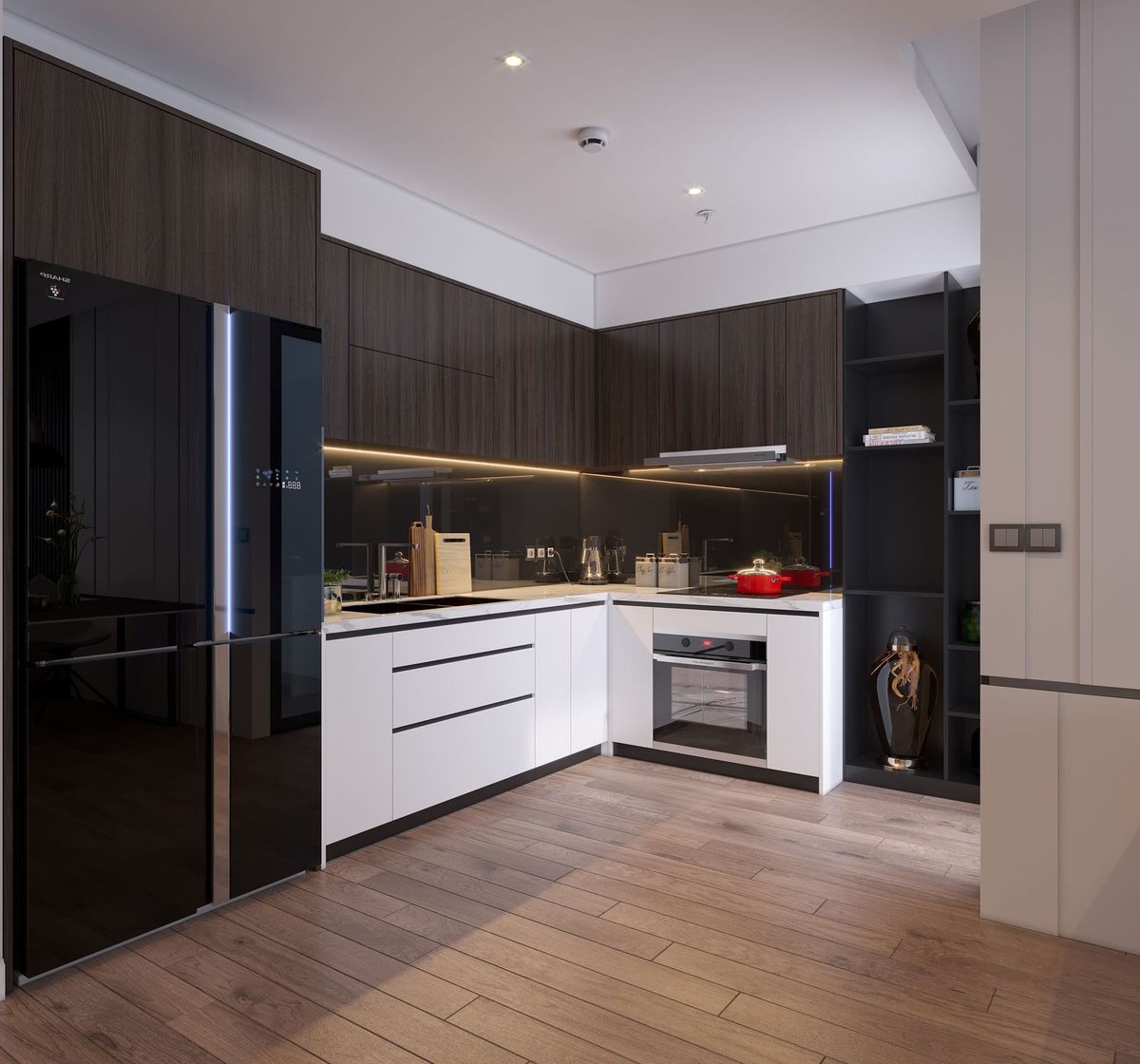 Phòng ngủ master ốp gỗ căn hộ Vinhomes