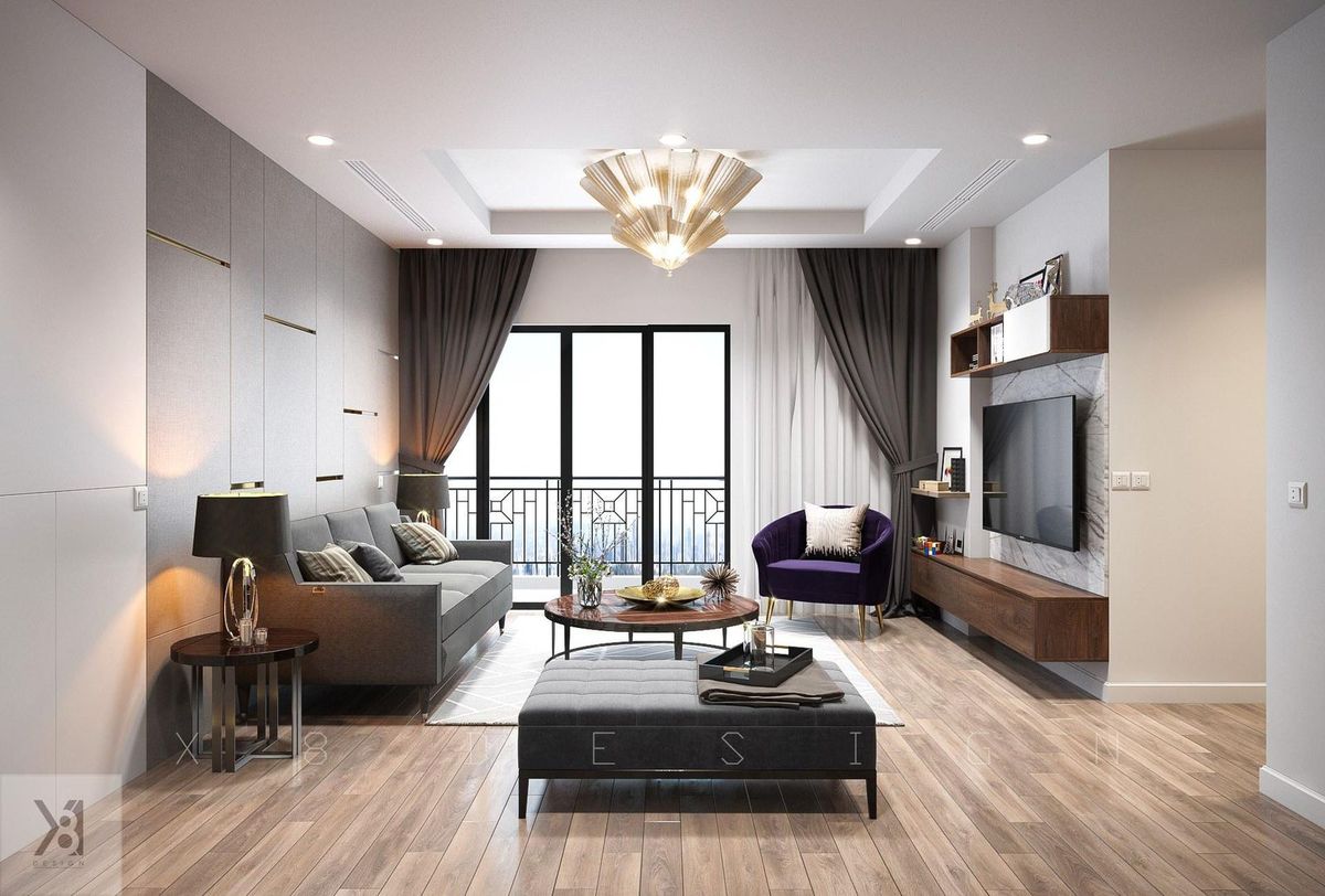 Nội thất căn hộ hiện đại sang trọng tông gỗ phòng khách đèn chùm - X8Design
