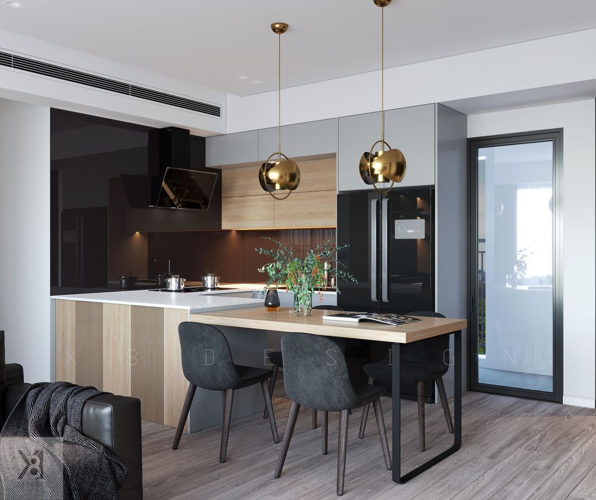 Bếp đảo gỗ sồi kết hợp bàn ăn Bếp đảo gỗ sồi căn hộ Vinhomes D'Capitale