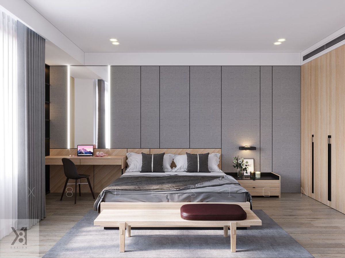 Phòng ngủ master với vách đầu giường ốp nỉ xám Phòng ngủ master căn hộ Vinhomes D'Capitale vách ốp nỉ