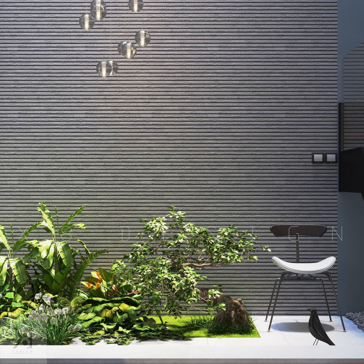 Mảng tường gạch và cây xanh dưới giếng trời