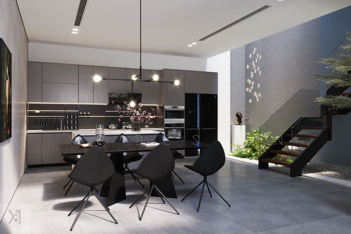 Bếp và bàn ăn nhà phố hiện đại đèn thả