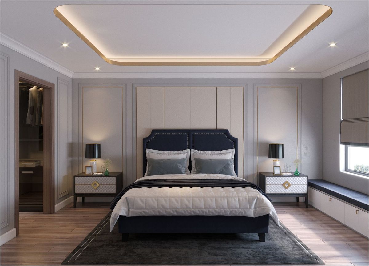 Bếp căn hộ tân cổ điển đảo bếp đá trắng