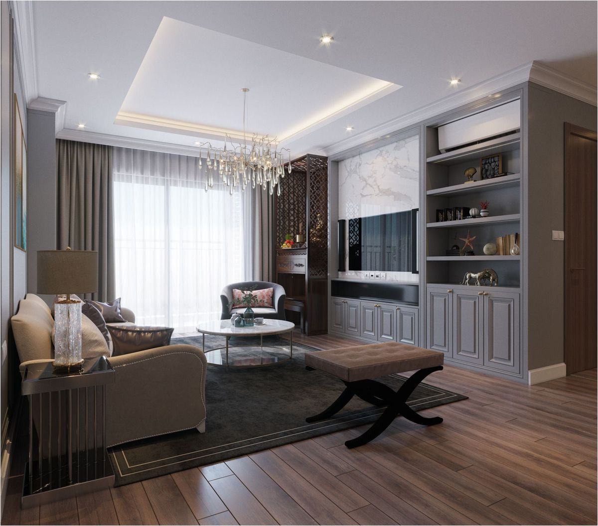 Phòng ngủ master căn hộ tân cổ điển đầu giường bọc nỉ