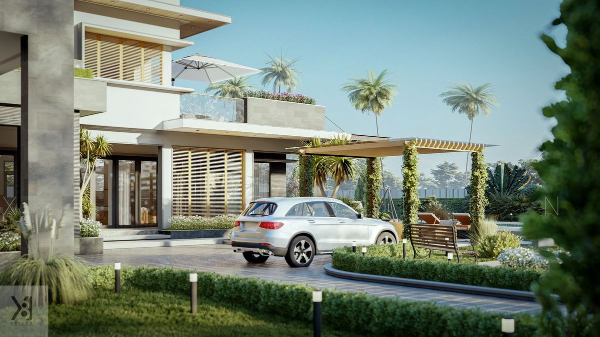 Sân đỗ xe và lối vào chính của biệt thự Mặt tiền biệt thự Thái Bình với sân đỗ xe có pergola