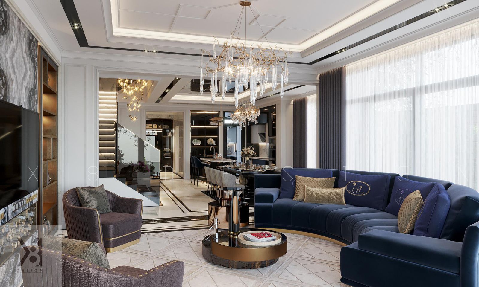 Phòng khách biệt thự cao cấp sofa xanh navy - X8DESIGN
