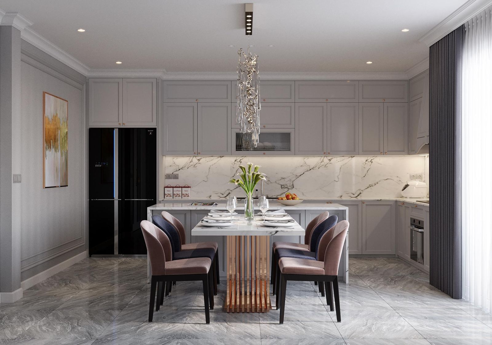Phòng bếp căn hộ tân cổ điển đá marble - X8DESIGN