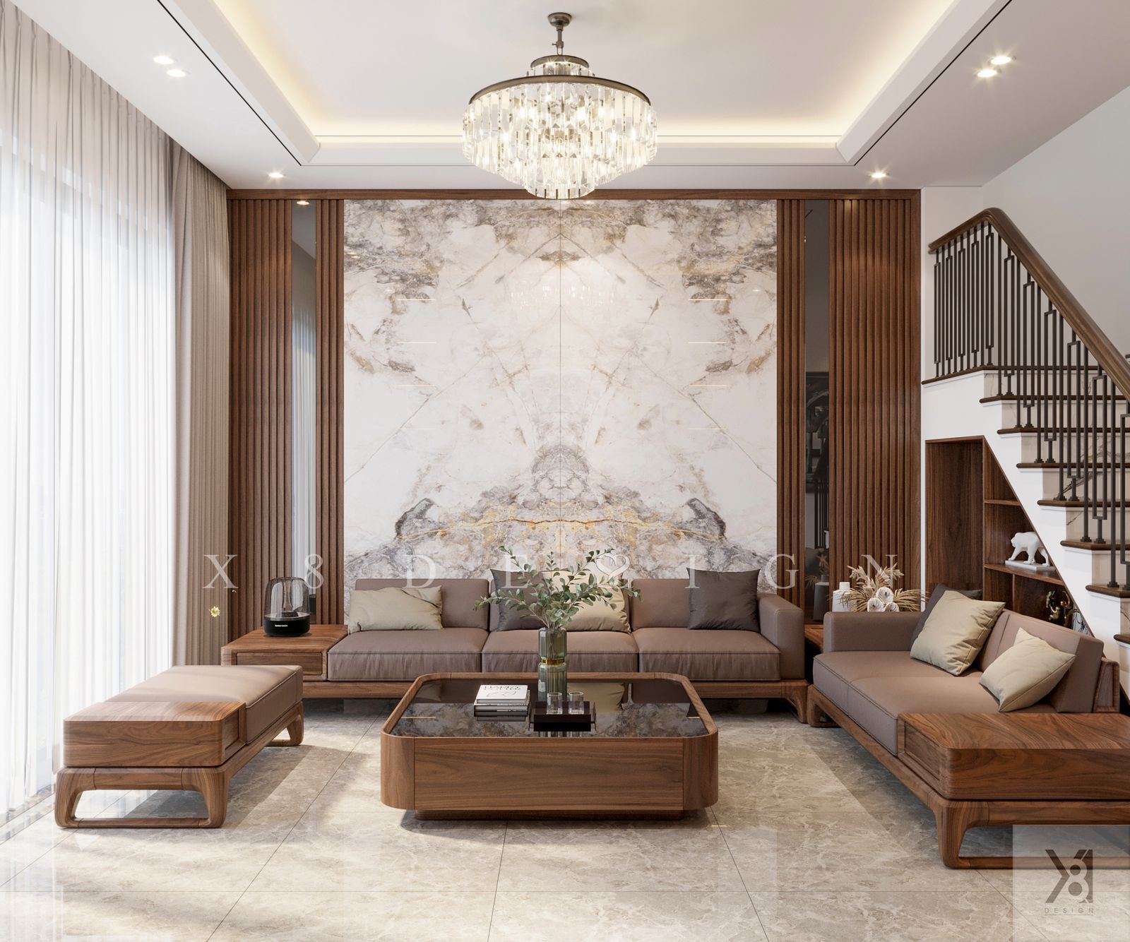 Phòng khách nhà phố anh Châu tân cổ điển tông gỗ - X8DESIGN